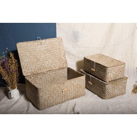 YSGLIFE Rectangular Storage Basket with Lid Handmade Seagrass Rattan Woven Natural Box for Clothes Books and Shelves Multifunctional Makeup Organizer Set of 3 Shelf Basket(S/M/L)