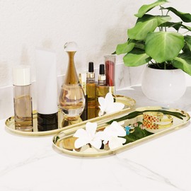 AquaChase 2 Pack Golden Bathroom Sink Vanity Decorative Tray, 12in Oval Trinket Storage for Dresser Counter, Stainless Steel Decor Jewelry Dish Tray, Perfume Candle Key Valet Organizer