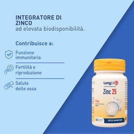 LongLife® Zinc 25 | Zinco ad elevata biodisponibilità | Alto dosaggio 25mg per compressa | Sistema immunitario | Oltre 6 mesi di trattamento | Vegano e senza glutine