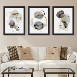 Gardenia Art Modern Abstract Wall Art for Bedroom 3 Piece Grey and Gold Stone Picture Paintings Minimalist Wall Art for Living Room Bathroom Office Decor Mid-Century Framed Artwork 12x16inch