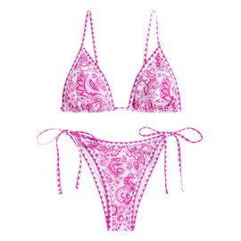 ZAFUL Bikini triángulo para mujer, con lazo lateral, puntada de látigo, traje de baño de dos piezas, 3-pink Ethnic, Small