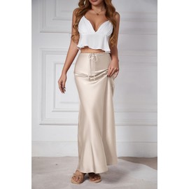 Skrtimory Womens Satin Silk Maxi Skirts Drawstring Flared Casual A-Line Long Skirt for Women Cream