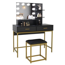 AUTOFOREVER Vanity Desk with Mirror and Lights & Hidden Jewelry Storage Shelves for Bedroom