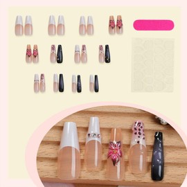 24 Pcs Long Coffin Press on Nails French Fake Nails with 3D Purple Flower Design Luxury Rhinestones False Nails Artificial Acrylic Nails Press ons Reusable Nails for Women