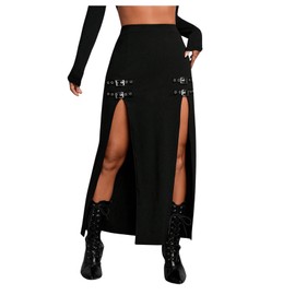 GORGLITTER Long Skirt Women's Summer Maxi Skirt Y2K Gothic Casual Skirt with Slit High Waist Party Skirts Dance Skirt with Buckle Festival Outfit, black, L