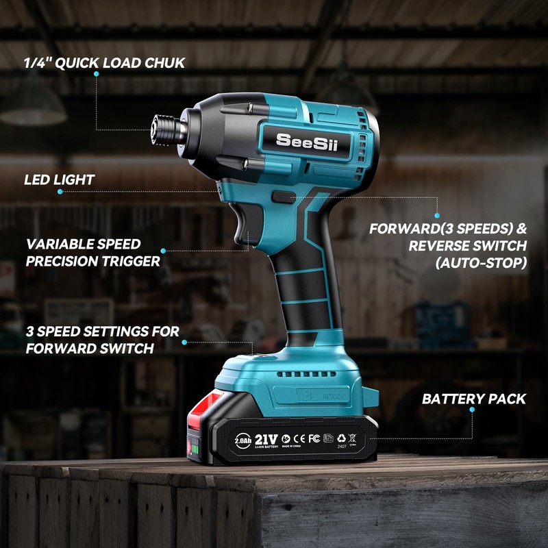 SEESII Cordless Impact Driver Kit, 21V Max Torque 1590 In-lbs(180