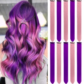 LADYAMZ Colored Hair Extensions 10 PCS, Colorful Party Highlights Clip in Synthetic Hair Extensions, Purple and Pink Hairpieces for Girls Women Kids Party Favors Hair Pieces 22 In