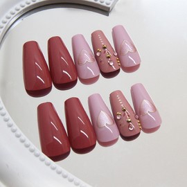 Press on Nails Medium Coffin Fake Nails with Heart Rhinestones Designs Red Nails Press ons Glossy Glue on Nails False Nails Pink Stick on Nails for Women 24Pcs