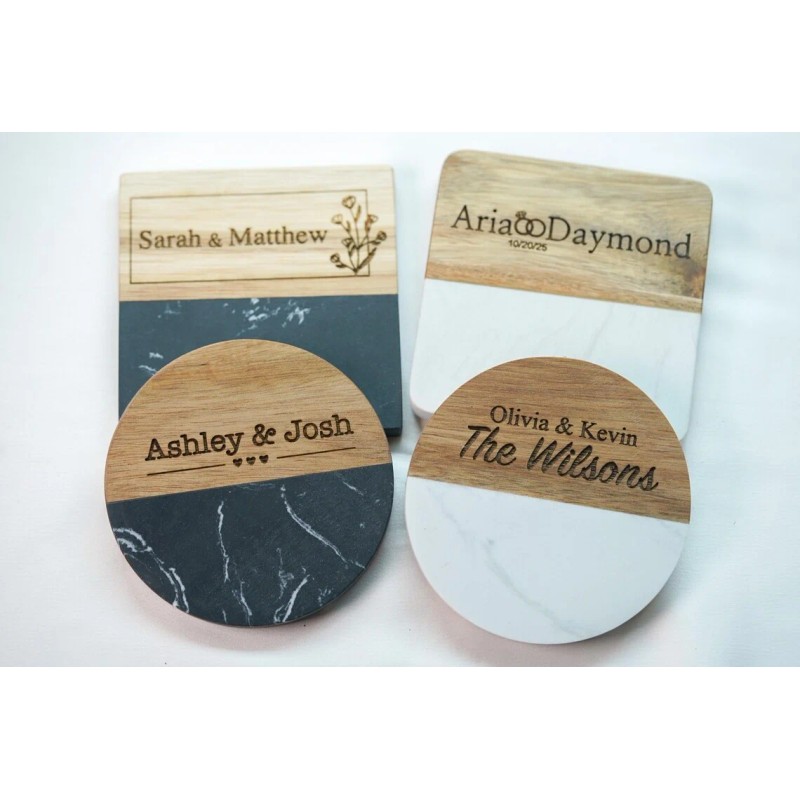 20 Pcs Natural Acacia Wooden White Marble Square Coasters Set