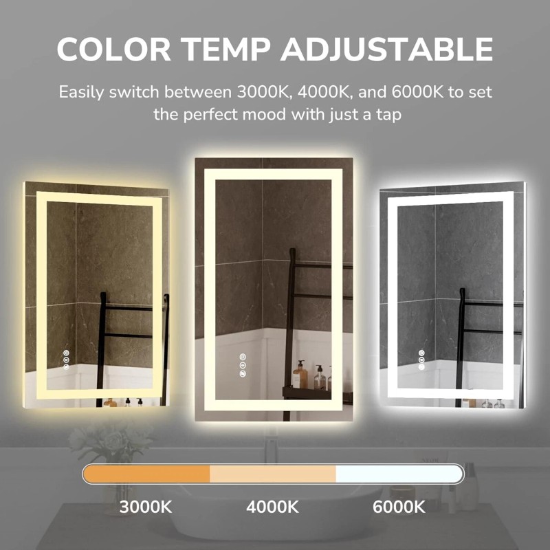 USHOWER 28x36'' LED Bathroom Mirror Wall Vanity Mirror Dimmable Anti-fog
