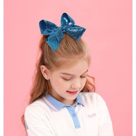 AMYDECOR 6 Inch Blue Sparkly Glitter Sequin Hair Bows for Girls Toddlers Kids Children Teenage (2PCS)