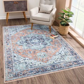 Bloom Rugs Washable Non-Slip 5' x 7' Rug - Peach/Blue Traditional Area Rug for Living Room, Bedroom, Dining Room, and Kitchen - Exact Size: 5' x 7'