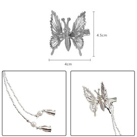 TSLRSA 2 pieces butterfly tassel hair clip, removable flash 3D snap hair clip, metal crocodile clip, snap hair clip, girls' hair accessories (silver)