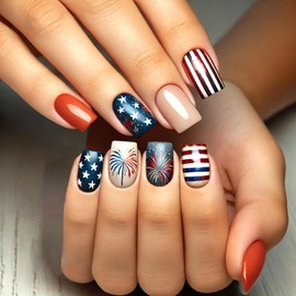 4th of July Press on Nails Short Sqaure Independence Day Fake Nails with Stars Stripes Designs Lines Glue on Nails Nails Press ons Orange False Nails Glossy Artificial Stick on Nails for Girls 24Pcs