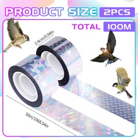 Meng Jiaran 2 Rolls Bird Scare Tape, 50m x 2.4cm Reflective Bird Deterrent, Double Side Pigeon Deterrent to Scare Pigeons for Garden Farm Orchard