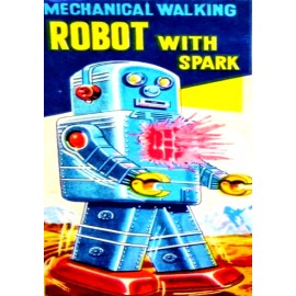 Vintage Walking Robot Sparks Space Toy on Fridge Metal Wrapped Magnet 1yr wty