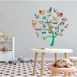 DAYCARE - Multi-Photo Educational Alphabet Tree Decoration Sticker Multicolored Vehicles & Letters Design Vinyl Adhesive Child Care Nursery Wall Decal 40" x 40"