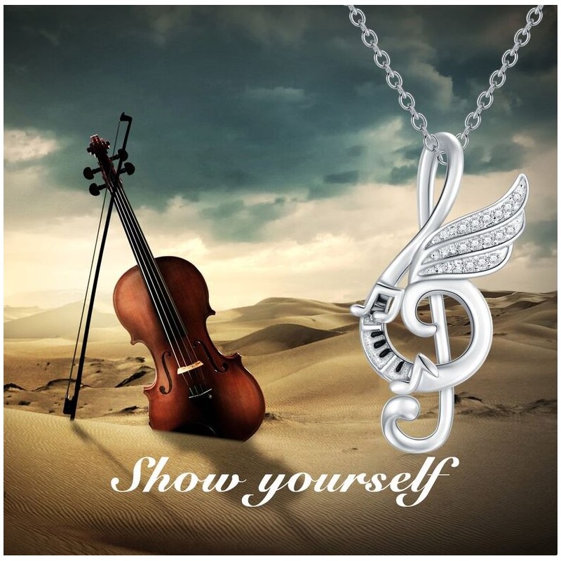 Sterling Silver Music Note with Dream Wing Piano Treble Clefs