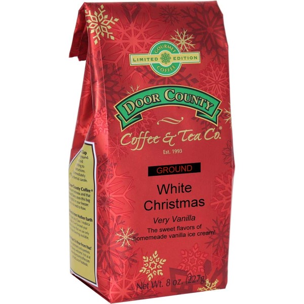 Door County Coffee, Holiday Flavored Coffee, White Christmas, Vanilla Ice Cream Flavored Coffee, Medium Roast, Ground Coffee, 8 oz Bag