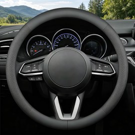 Leather Steering Wheel Cover for Chevy Silverado 1500 2500 3500, 14.5-15 inches Car Steering Wheel Cover, Black