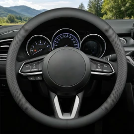 Leather Steering Wheel Cover for Chevy Silverado 1500 2500 3500, 14.5-15 inches Car Steering Wheel Cover, Black