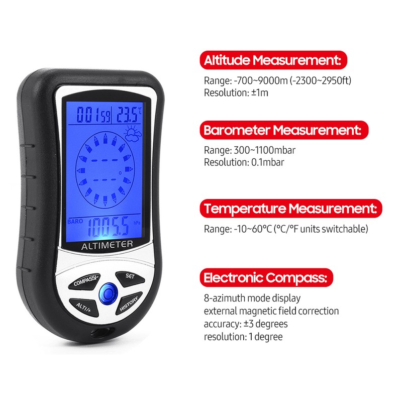 8-in-1 Multifunctional Electronic Altimeter Barometer LCD Digital Compass Thermometer Portable