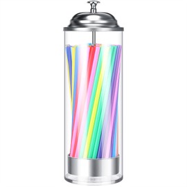 201 PCS Plastic Straw Dispenser Drinking Straw Organizer Container with Stainless Steel Lid Transparent Drinking Straw Holder Striped Plastic Straw Plastic Drinking Straw (Fresh Colors)