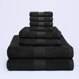Ocean Towels 8 Pack Black Towel Set 2 Bath, 2 Hand, 4 WashCloth Towels 100% Cotton Ring Spun