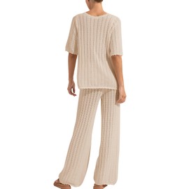 Imily Bela Women's Summer 2 Piece Swimsuit Cover up Crochet Knit Cardigan Tops Long Pants Set Bathing Suit Beach Outfit Light Khaki