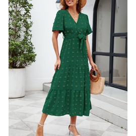Wantonfy Summer Dress Women's Casual Dresses Elegant V Neck Beach Dress Midi Dress Short Sleeve A Line Cocktail Dress, Green