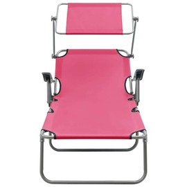 Tidyard Folding Sun Lounger with Canopy, Backrest Adjustable Chaise Lounge Chair, Steel Frame Beach Day Bed Pink for Patio Pool Garden Terrace Deck Outdoor 28.1 x 74 x 10.6 in
