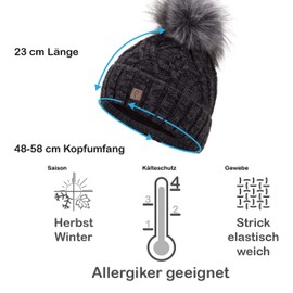 Faera Unisex Bobble Beanie Hat, Warm Winter Fleece Lined Beanie Hat with Faux Fur Bobble, Knitted Beanie Hat, One Size -