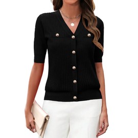 Zeagoo Women's 2025 Summer Short Sleeve Cardigan V Neck Button Down Ribbed Knit Casual Cropped Sweater Tops Black