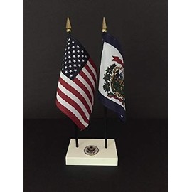 1 American and 1 West Virginia Executive Flag Set American Made Rayon 4x6 inch Desk Set Includes a 2-Hole White ArcticSno Base with a USA Great Seal and Two Flags