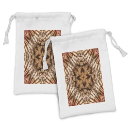 Ambesonne Ethnic Fabric Pouch Set of 2, Object Silhouette Form Generated Tie Dye Effect Technique Image, Small Drawstring Bag for Toiletries Masks and Favors, 9" x 6", Brown Orange