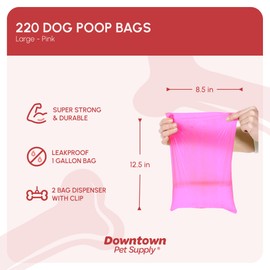 Downtown Pet Supply Poop Bags for Dogs with Dispenser, 220 Count - Leak-Proof Dog Waste Bags and Bone-Shaped Dog Poop Bags Holder for Leash - Pink, 12.5" x 8.5"