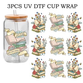 Love Book UV DTF Glass Cup Wrap Transfer - UVDTF Just A Girl Who Loves Books, Love Book Gift - Decal for 16oz Glass Cups, DIY Crafts Gifts for mom-3PCS