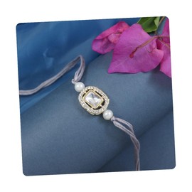 I Jewels Designer Kundan Pearl Bhaiya Rakhi With Roli Chawal & Rakshabandhan Card for Brother/Bro/Bhai/Men (Grey)