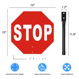 13 x 13 Inches Stop Slow Sign with Metal Handle,Reflective Double Sided Traffic Sign, Aluminum Stop Slow Paddle,Fade Resistant/Waterproof/Easy to Assemble(1 Pack)