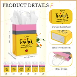 Motipuns 48 Sets Back to School Gifts for Teacher Best Teacher Ever Gift Bags with Handle Paper Gift Bags with Tissue Paper Teacher Appreciation Gift for Retirement, 5.9 x 3.15 x 8.27 Inches