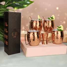Craft Trade Moscow Mule Mugs Set of 4 Hammered Moscow Mule Mugs Drinking Cup with 4 Straws-1-Shot Glass-Great Dining Entertaining Bar Gift Set Hotel