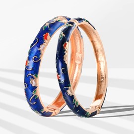 UJOY Cloisonne Bracelet Butterfly Flower Gold Hinge Indian Cuff Bangle Enameled Jewelry Bracelets for Women Gift Box 55B30 Navy Blue