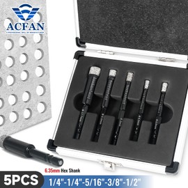 ACFAN 5PCS Diamond Drill Bit Set - 1/4", 5/16", 3/8", 1/2" Imperial Hex Shank Drill Bits for Tile, Ceramic, Marble - Brazed Diamond Grit, Cooling Wax, No Water Needed - Fits Cordless &1Electric Drills