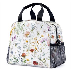 Watercolor Flower Insulated Lunch Bag Reusable Lunch Box Leakproof with Adjustable Shoulder Strap for Work Office Picnic Beach