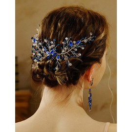 Lenjicons Wedding Blue Rhinestone Hair Comb Handmade Flower Rhinestone Headpiece Crystal Bridal Headband Sparkling Crystal Bridal Headpiece for Women