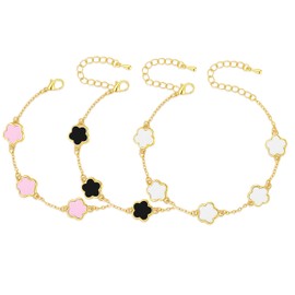 Vpanda Clover Bracelets for Women Set of 3 18K Gold Plated Adjustable Four Leaf Lucky Charms Bracelets in White Black Pink Trendy Jewelry Gift for Women