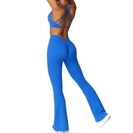 ABOCIW Workout Sets for Women Twist Front Strappy Sports Bra V Back Scrunch Butt Lifting Flare Leggings High Waist Bootcut Yoga Pants 2 Piece Gym Sets Blue Medium
