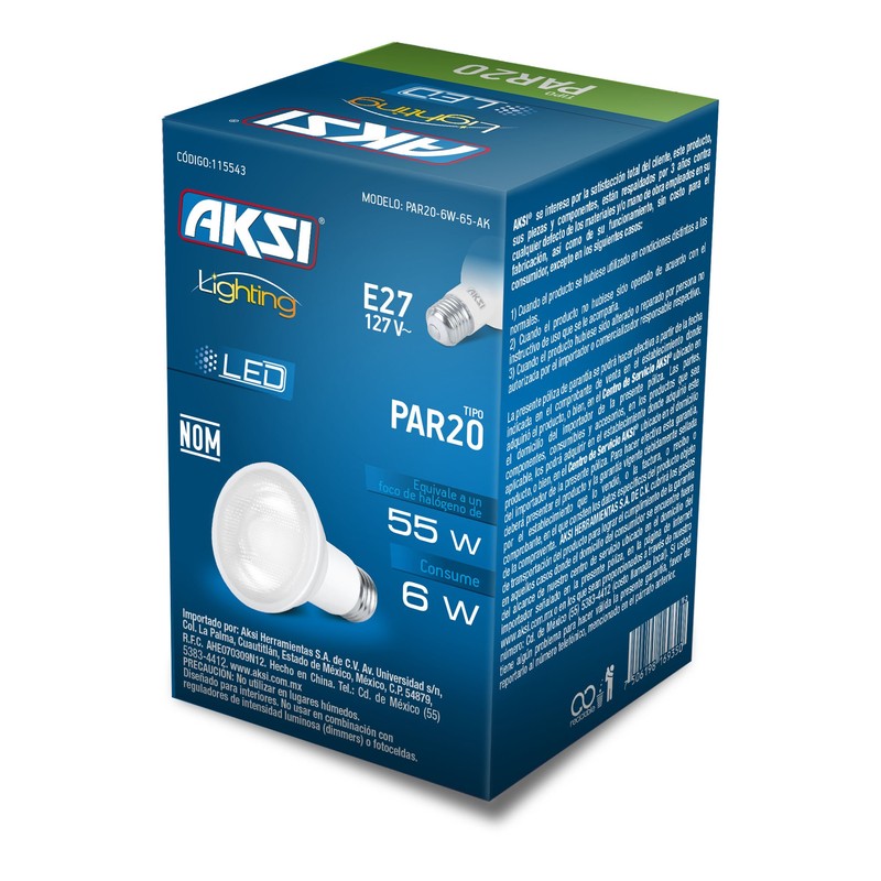 Aksi Foco LED PAR20 E27, Luz Blanca, 6 Watts