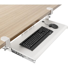 Keyboard Tray Under Desk Pull Out with Extra Sturdy C Clamp Mount System, 27.3 (32.5 inch Including Clamps) x 11 Inch Slide-Out Platform Computer Drawer for Typing White AX01WW01