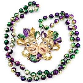 Jesters Comedy & Tragedy Mardi Gras Bead Necklace Cajun Carnival Festival Parade Jester Twins